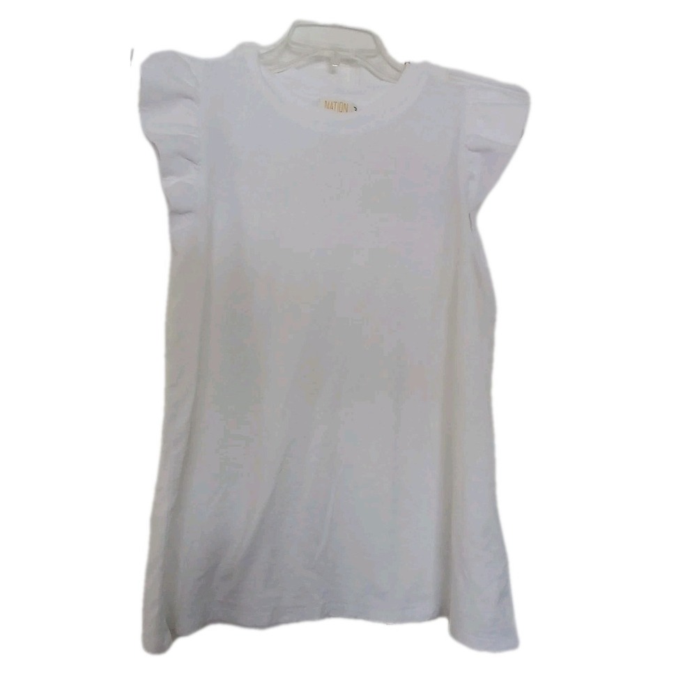 NATION LTD Sz XS White Paulette? Ruffle Sleeve Crewneck Tank Top Pima Cotton‎